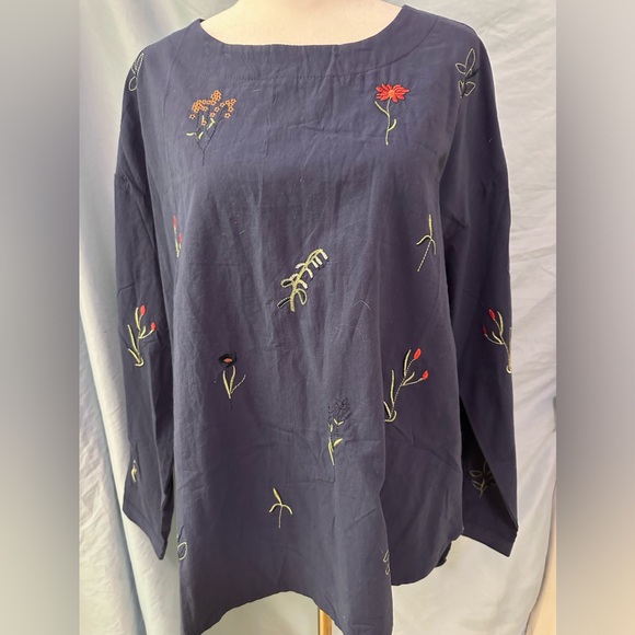 Zanzea Tops - ZANZEA Blue Cotton Linen Long Sleeve Top with Sewn applied Flowers Size XXL